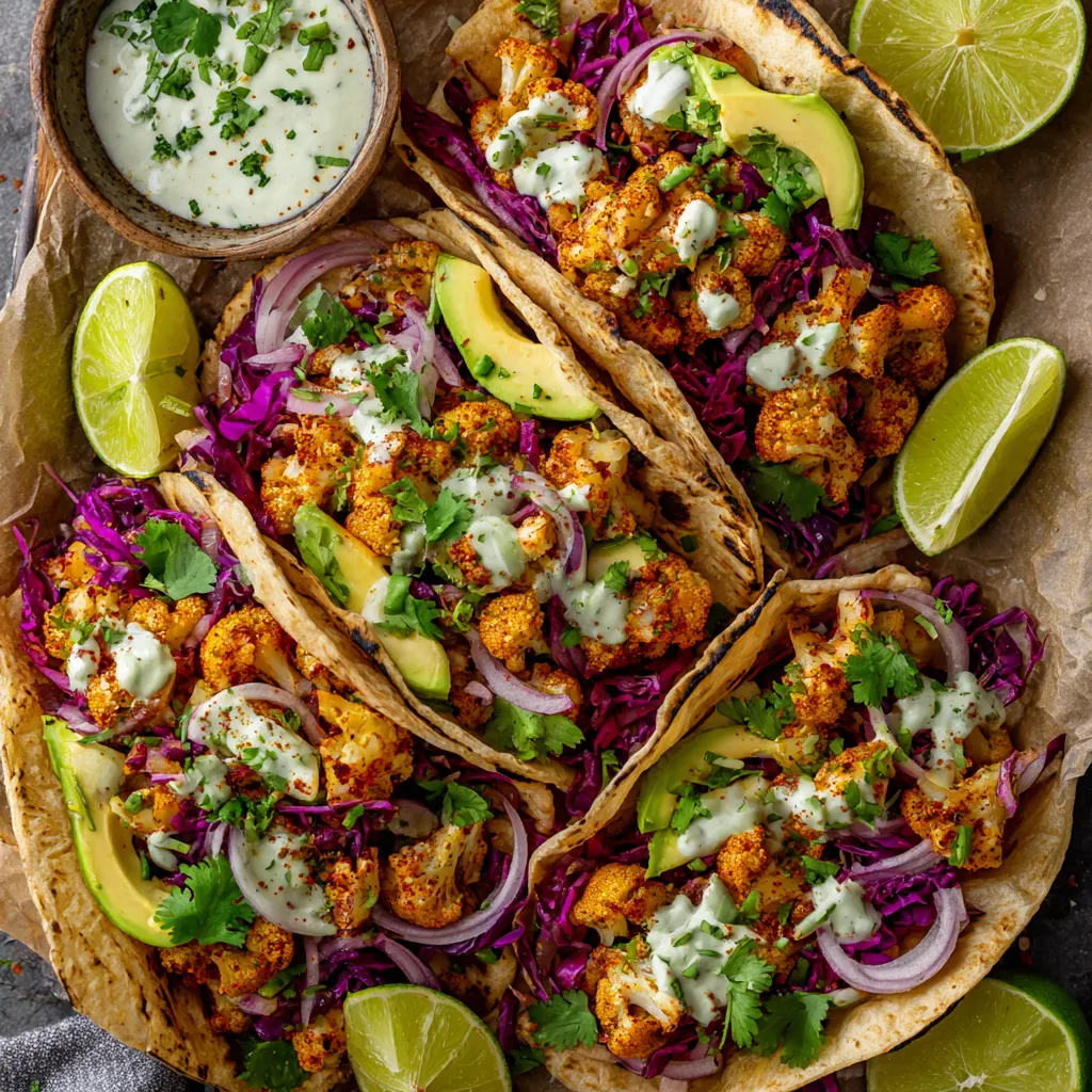 A plate of buffalo cauliflower tacos.