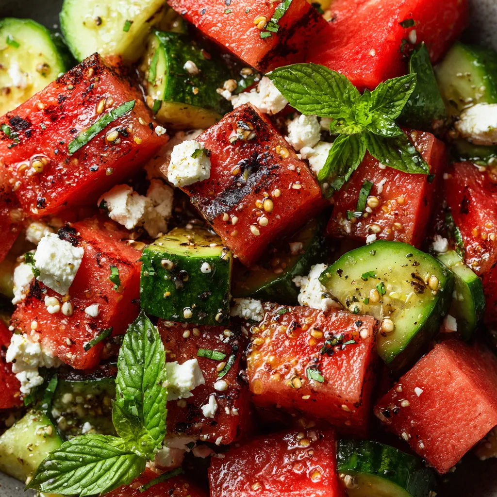 A salad made of watermelon, cucumber, and feta cheese.