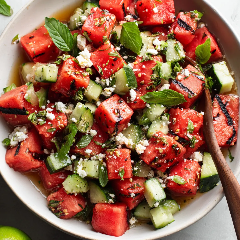A bowl of grilled watermelon and vegan feta salad.