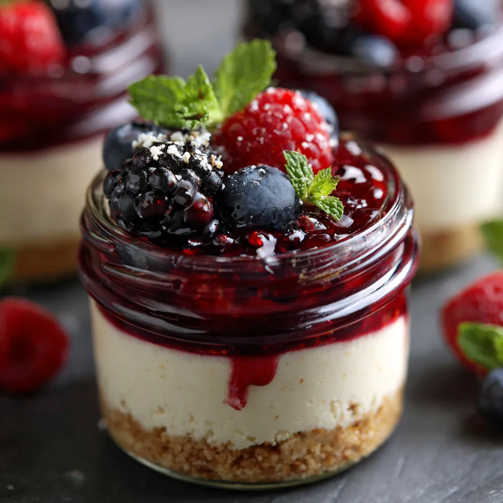 A jar of berry cheesecake with a blueberry on top.