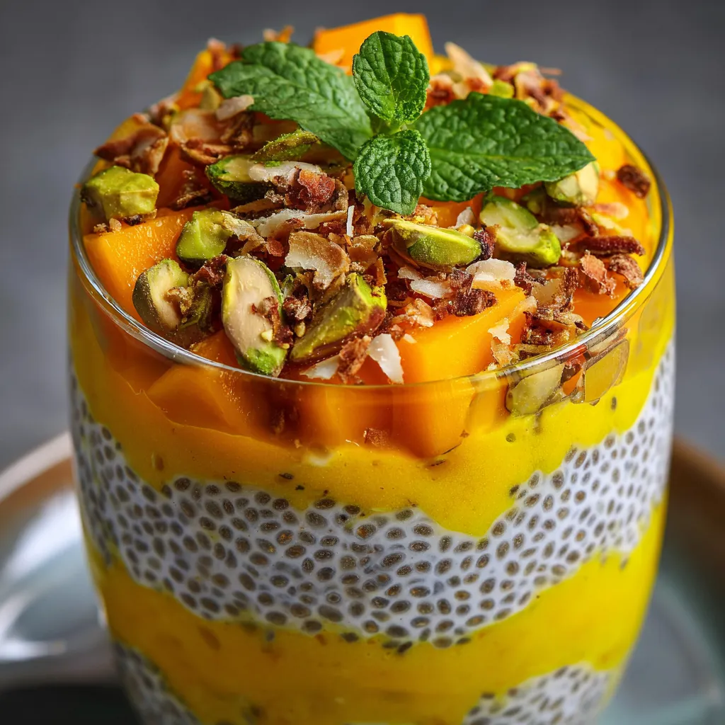 A glass of mango-coconut chia parfait.