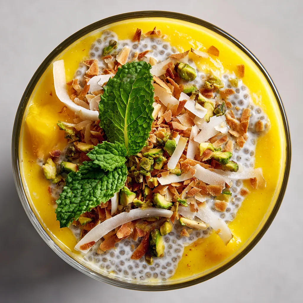 A glass of mango-coconut chia parfait.