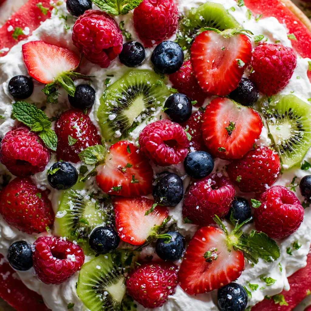 A slice of watermelon pizza with fruit toppings.