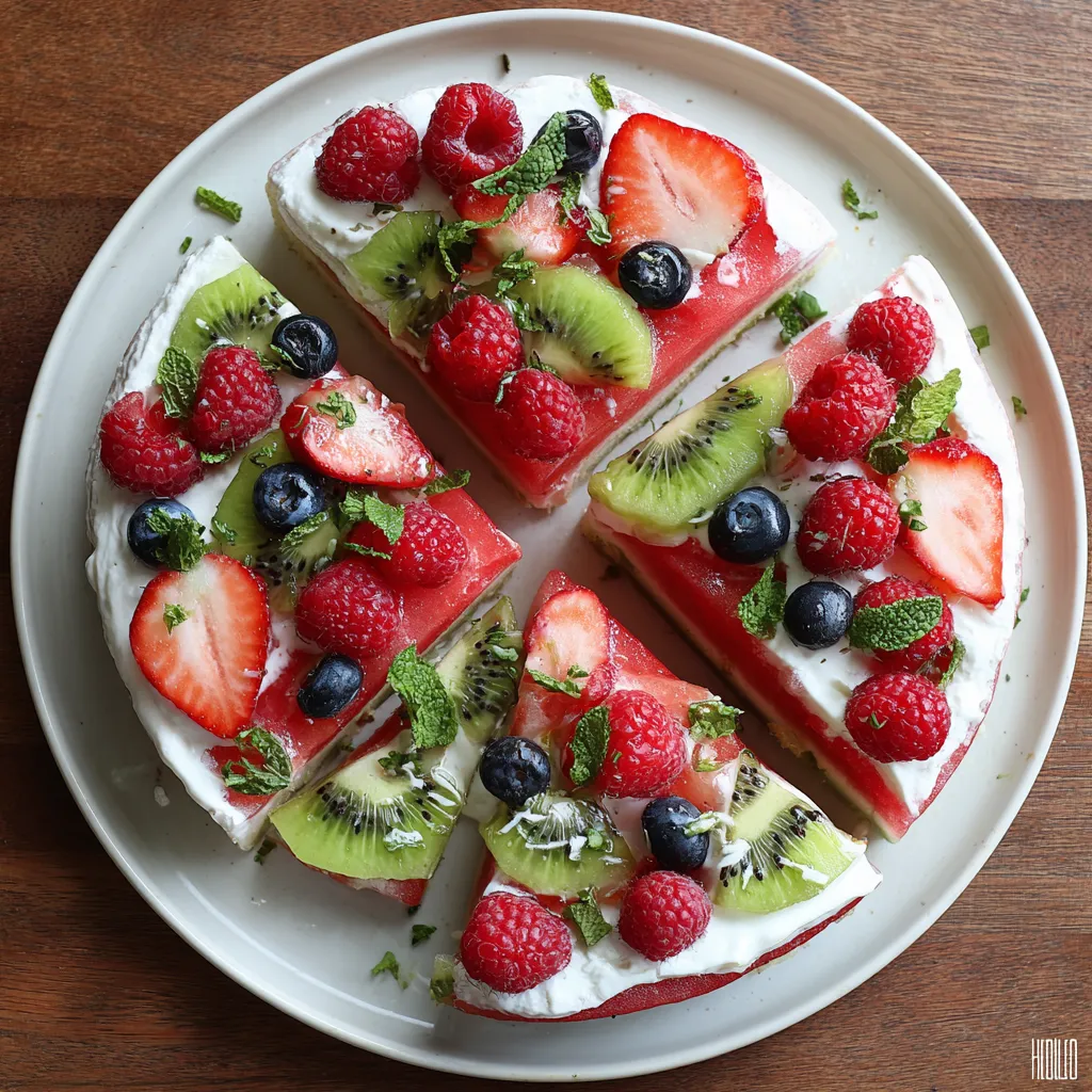 A slice of watermelon pizza with kiwi, strawberry, and blueberry toppings.