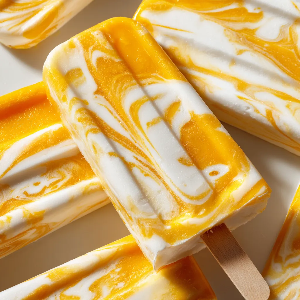 A close up of a yellow and white marble popsicle.
