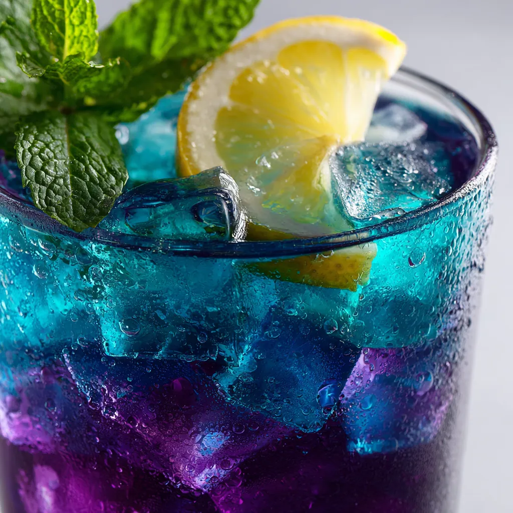 A glass of Magic Blue-to-Purple Lemonade with a lemon wedge.