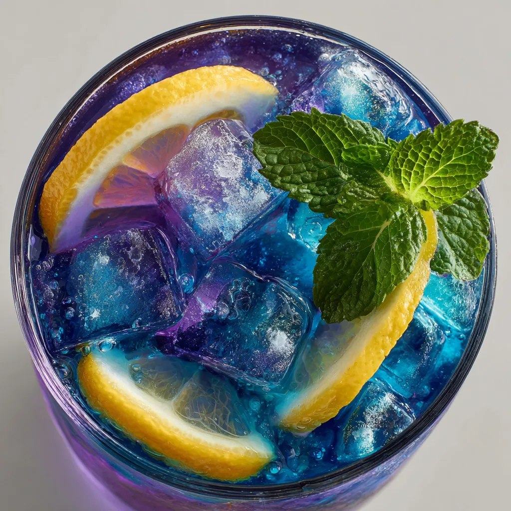 A glass of purple lemonade with a slice of lemon.