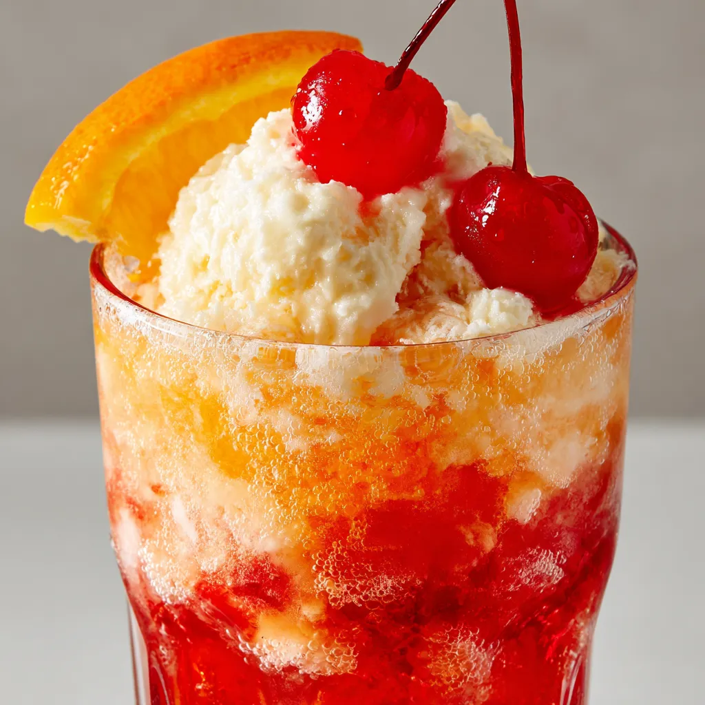 A glass of a vegan shirley temple float.