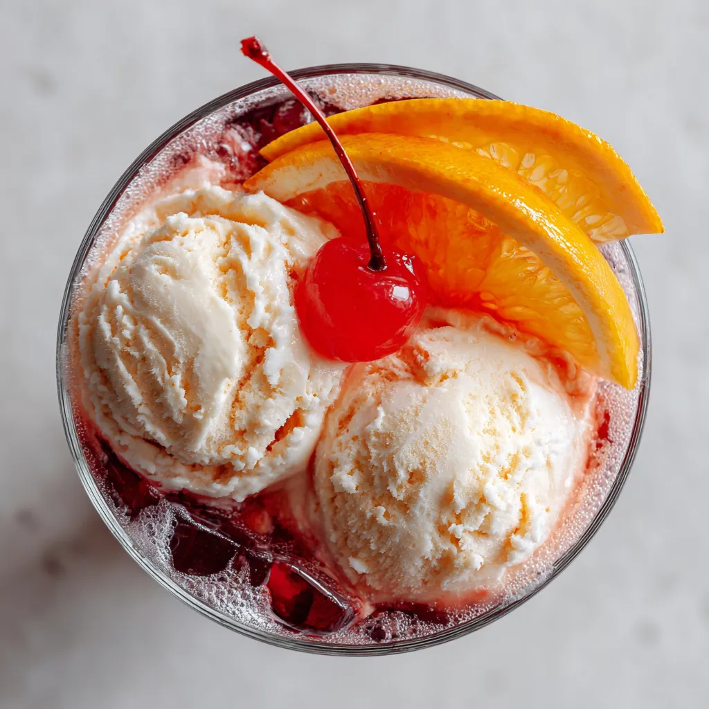 A glass of a vegan shirley temple float.