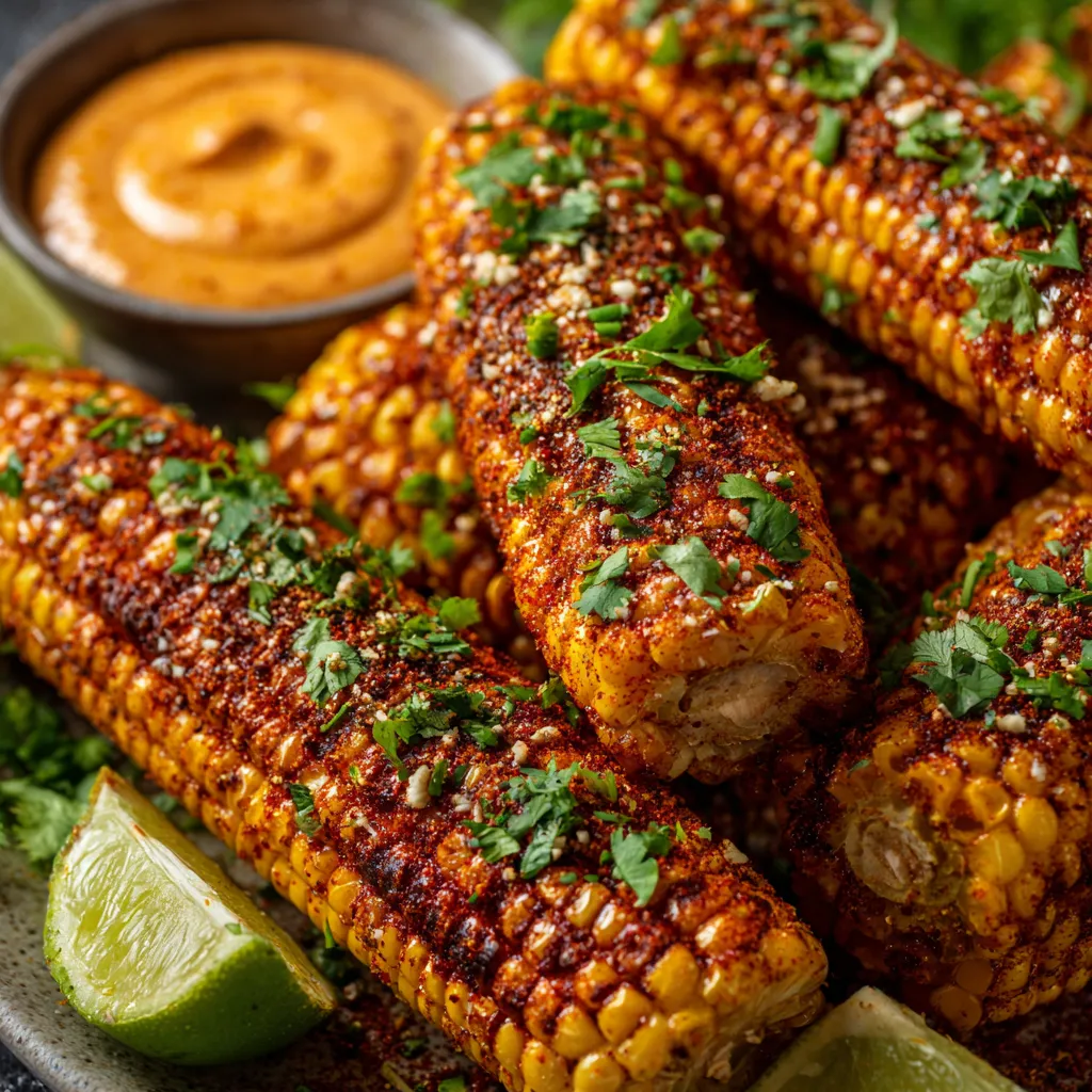 Spicy grilled corn ribs with a bowl of sauce.