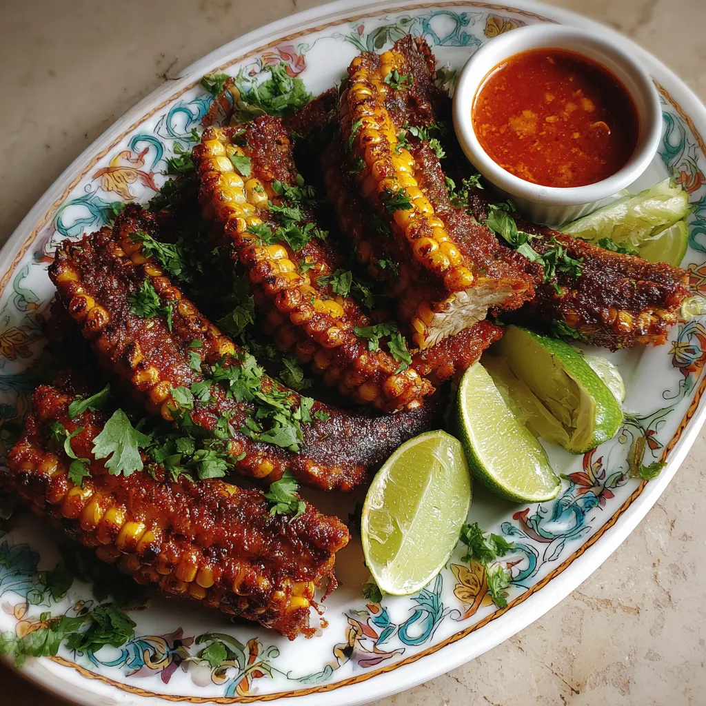 A plate of grilled corn ribs with a bowl of sauce.