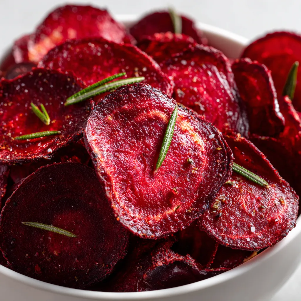 A bowl of rosemary beet chips with orange-yogurt dip.