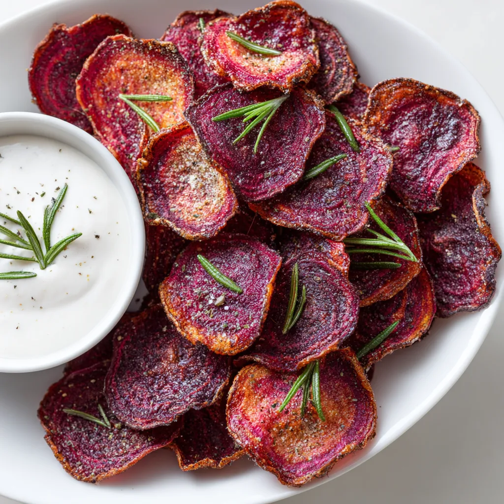 A white plate with a bowl of rosemary beet chips and a yogurt dip.