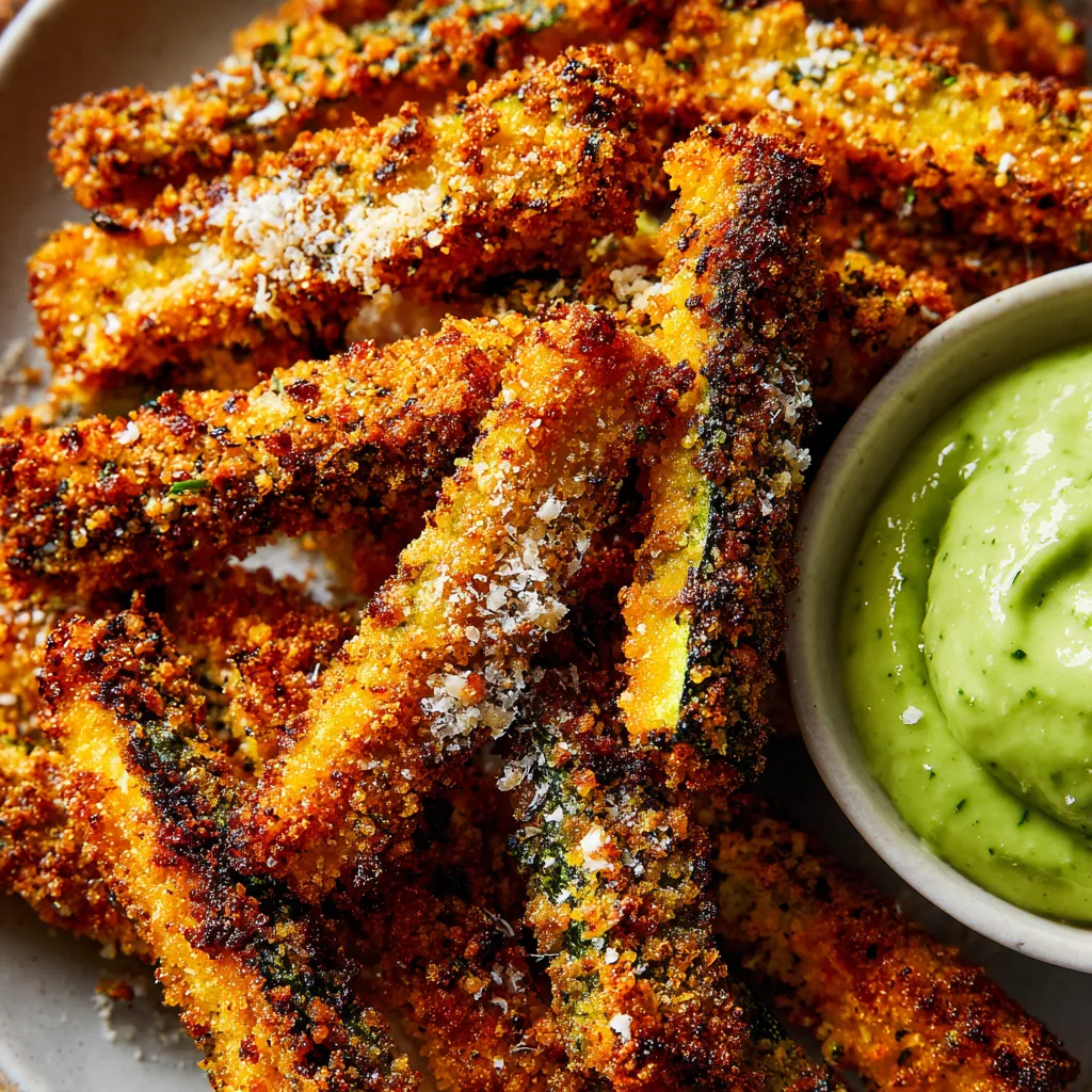 Baked zucchini fries with silky avocado dip.