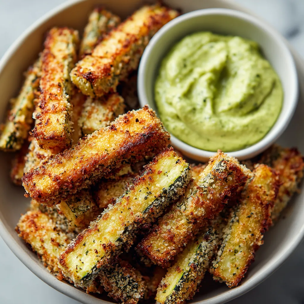 A bowl of baked zucchini fries with a silky avocado dip.
