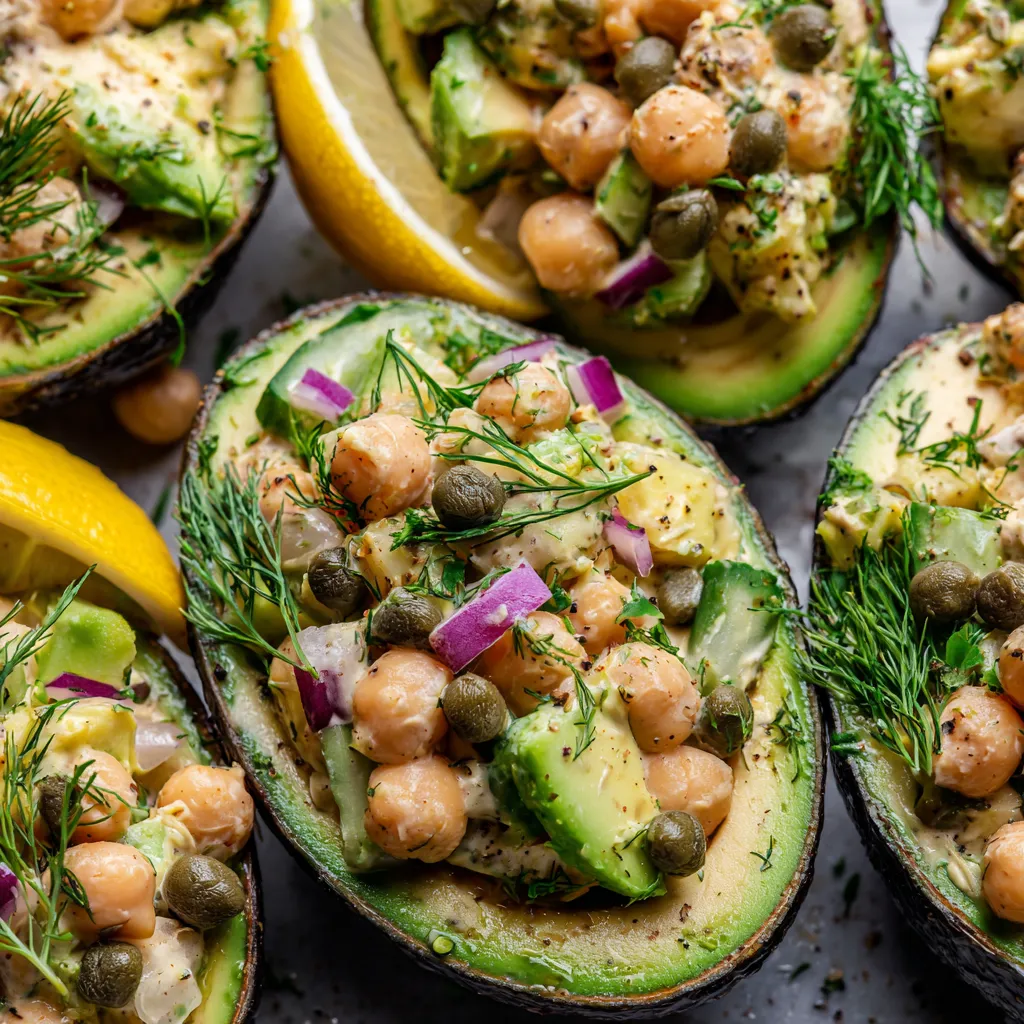A plate of stuffed avocados with chickpeas and vegetables.