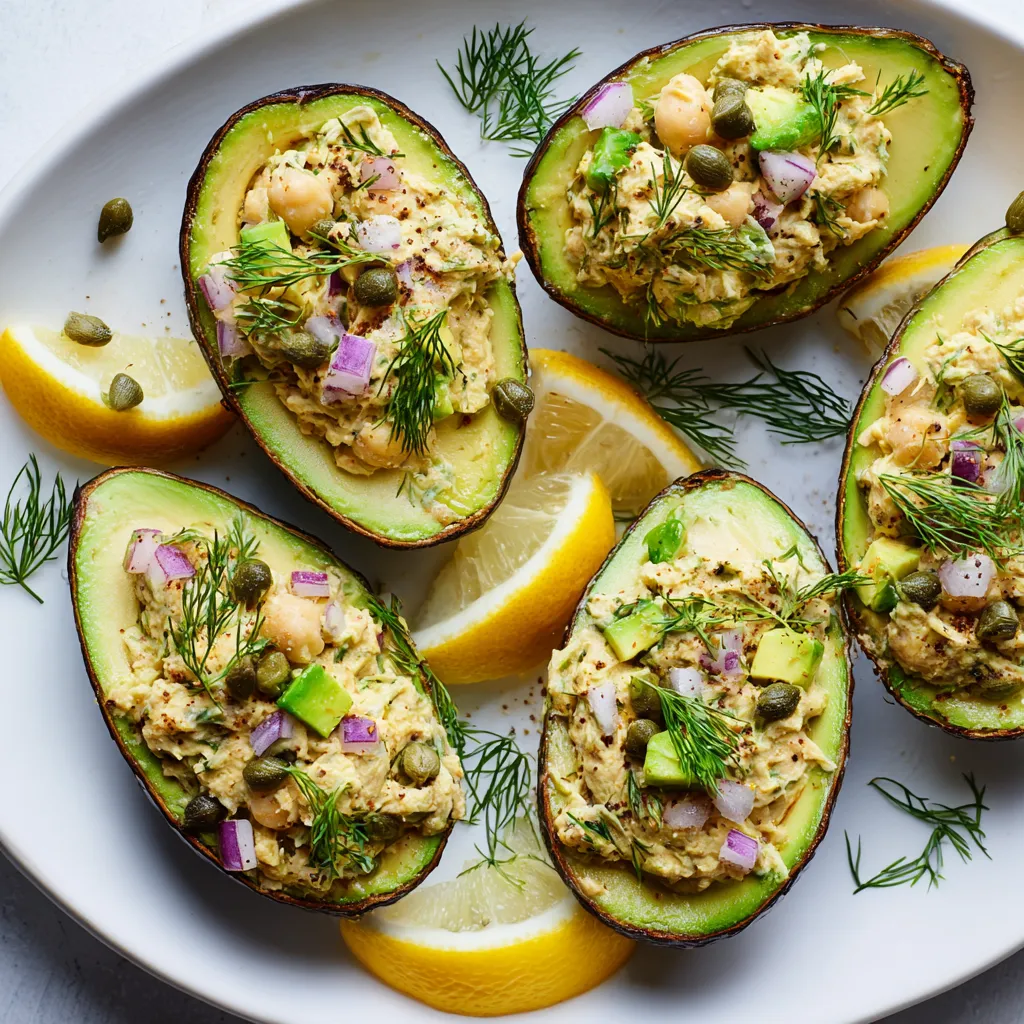 A plate of stuffed avocados with lemon wedges on top.