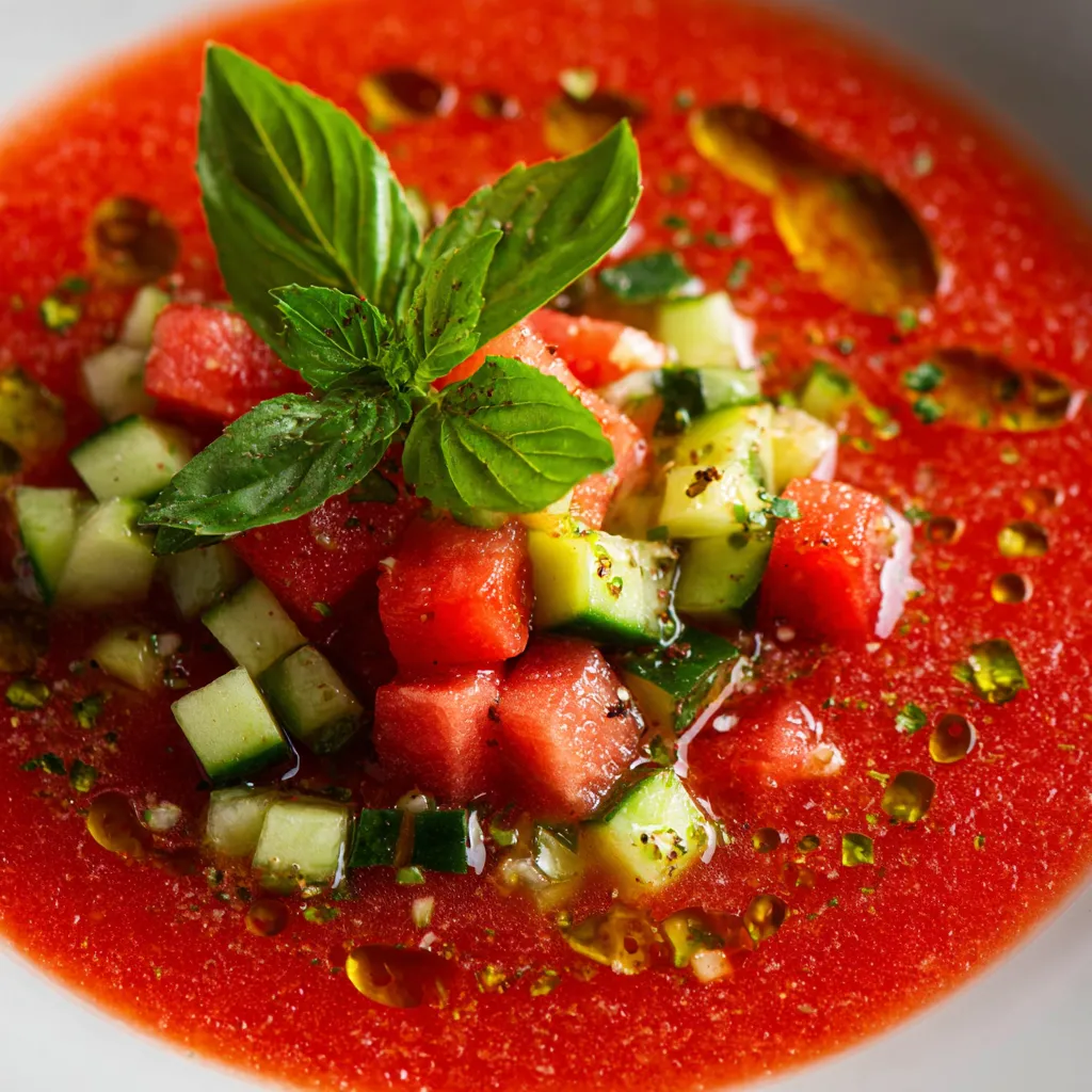 A bowl of watermelon gazpacho with a green garnish.