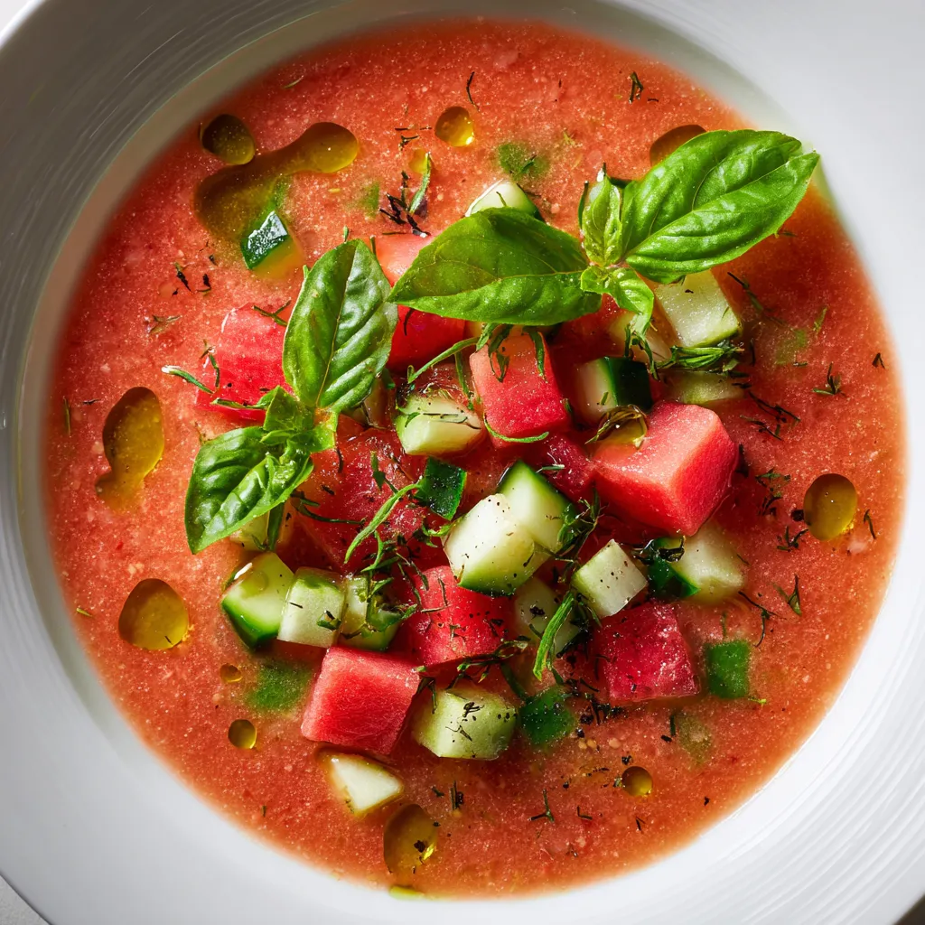 A bowl of watermelon gazpacho with cucumber and basil.