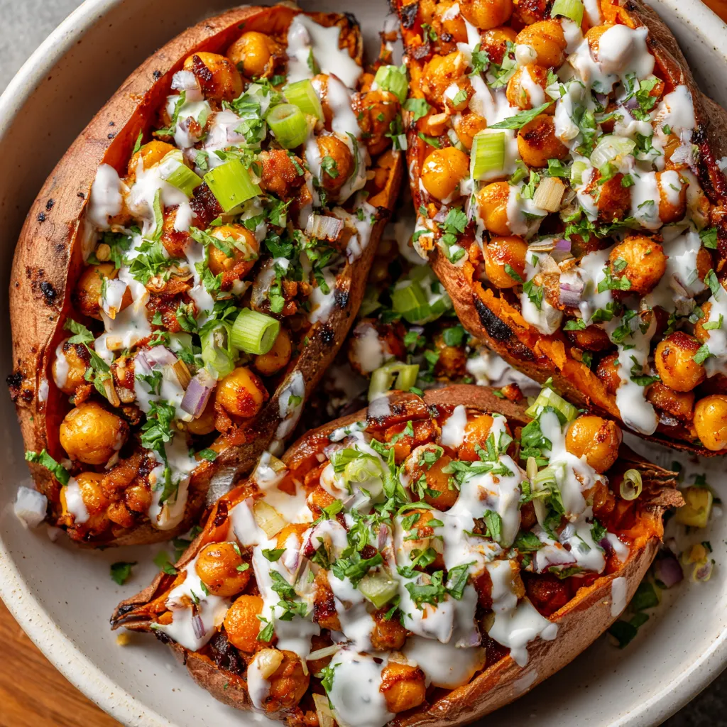 Sweet potatoes with chickpeas and white sauce.