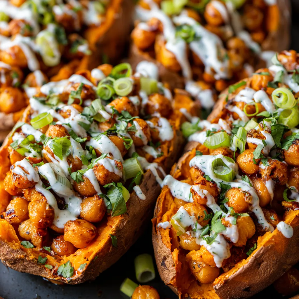 Sweet potatoes stuffed with chickpeas and topped with white sauce.