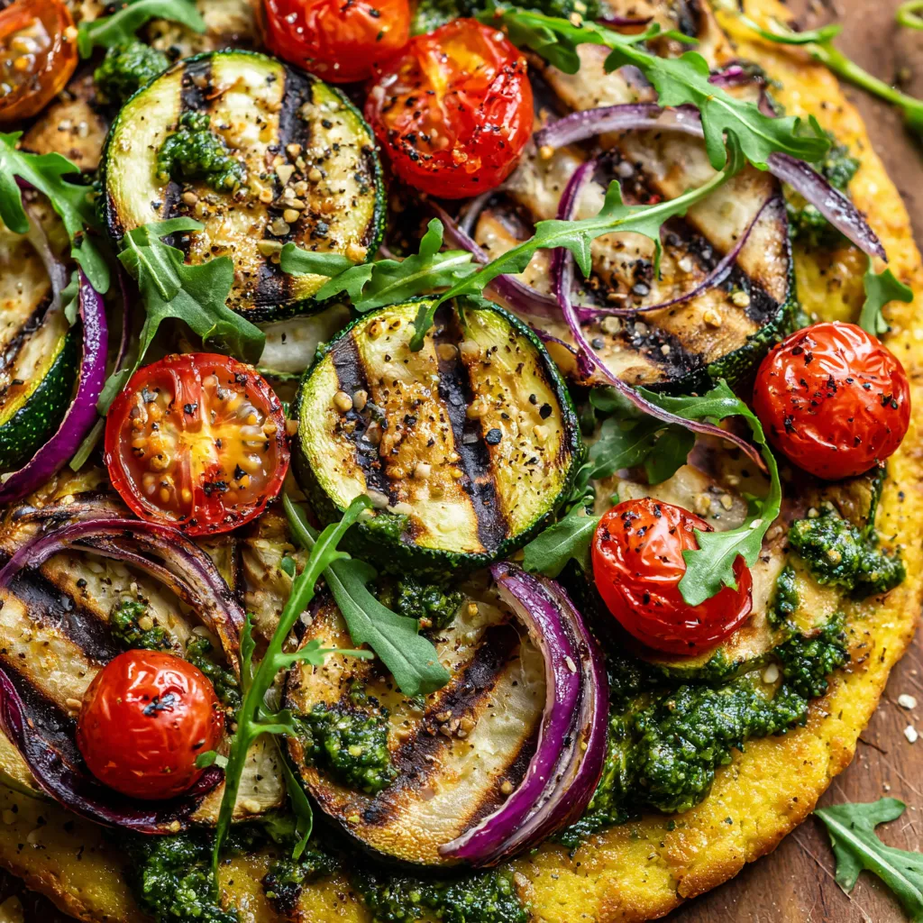 A pizza with tomatoes, zucchini, and basil.