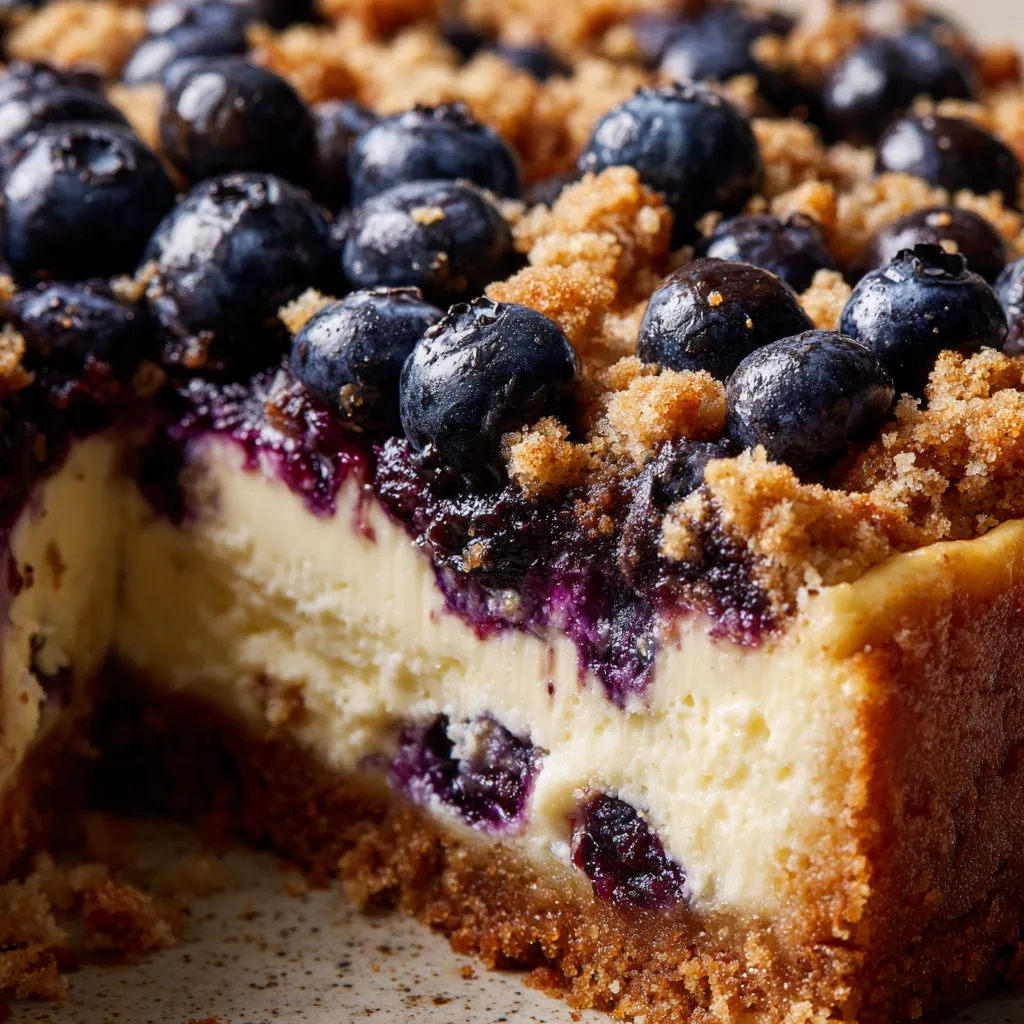 A slice of blueberry crumble cheesecake.