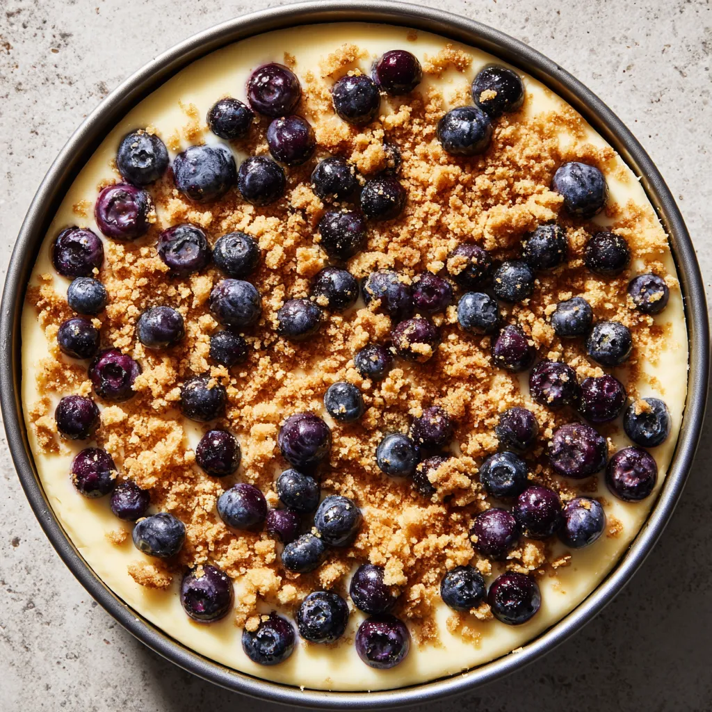 A close up of a blueberry crumble cheesecake.