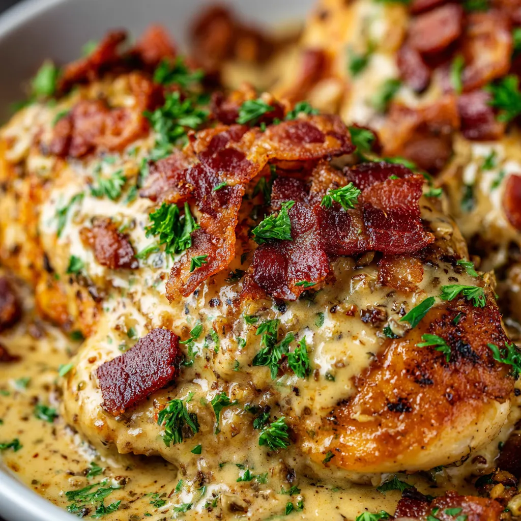 A bowl of chicken with bacon and honey mustard.