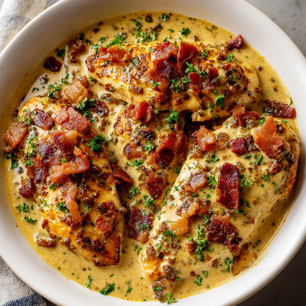 A bowl of chicken with bacon and honey mustard.