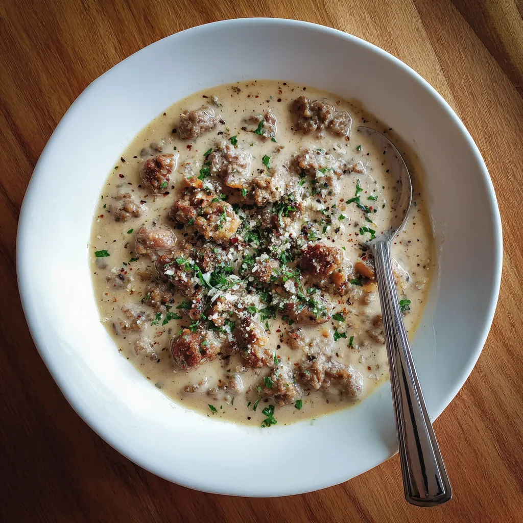 A bowl of sausage gravy with a spoon in it.