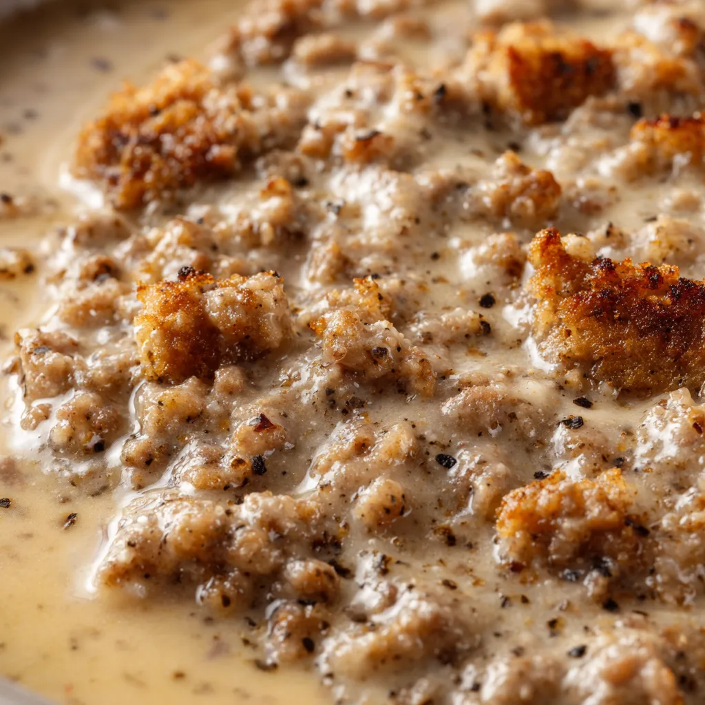 A close up of a delicious homemade sausage gravy.