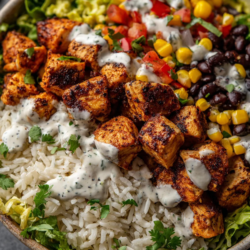 A bowl of rice, beans, and chicken.