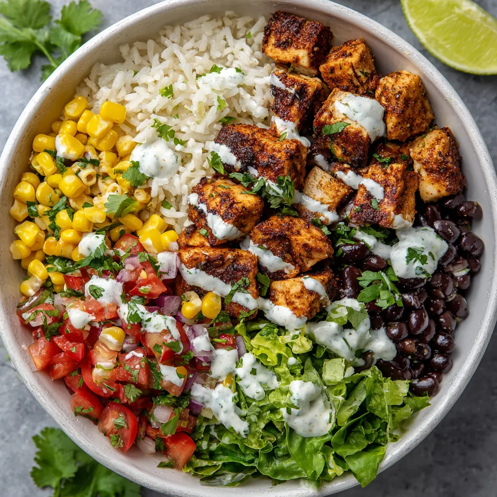 A bowl of food with rice, beans, corn, and chicken.