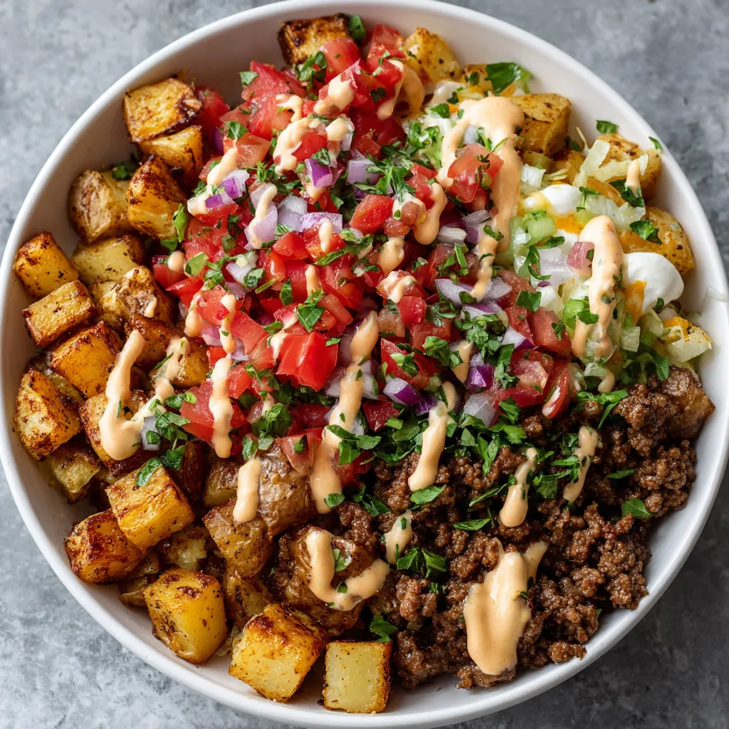 A loaded potato taco bowl meal prep.
