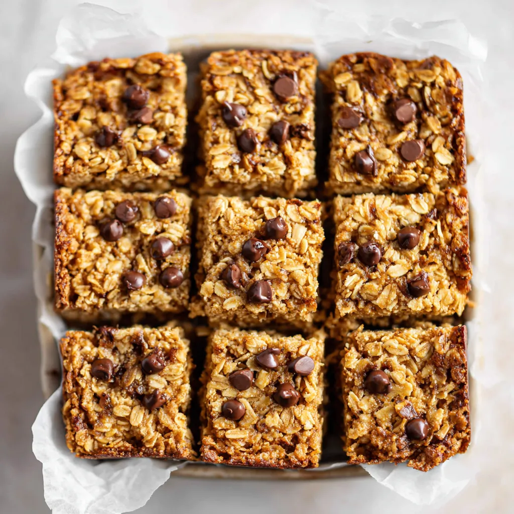 A tray of baked oatmeal bars with chocolate chips.