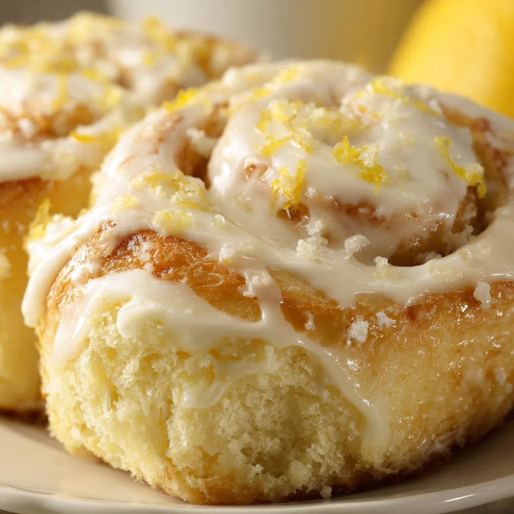 Two lemon sweet rolls on a plate.