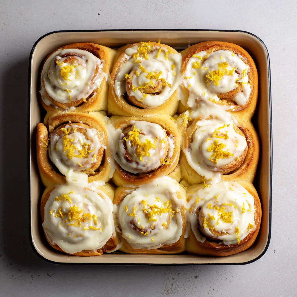 A pan of lemon sweet rolls.