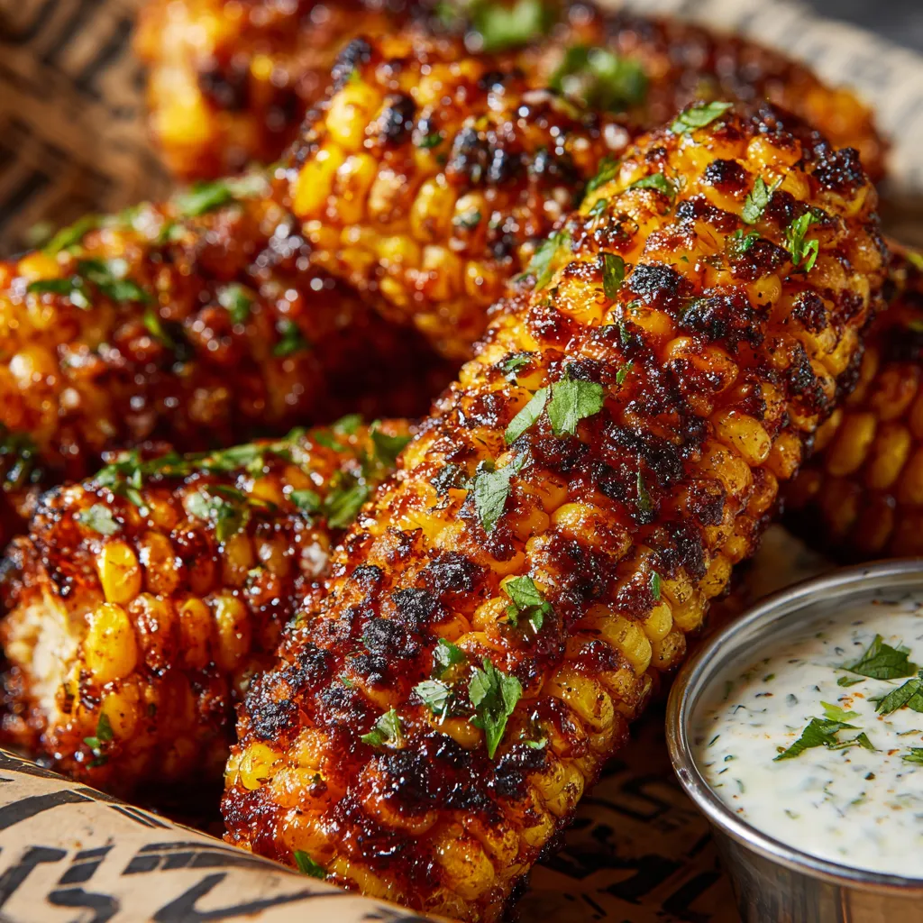A plate of grilled corn on the cob with a dipping sauce.