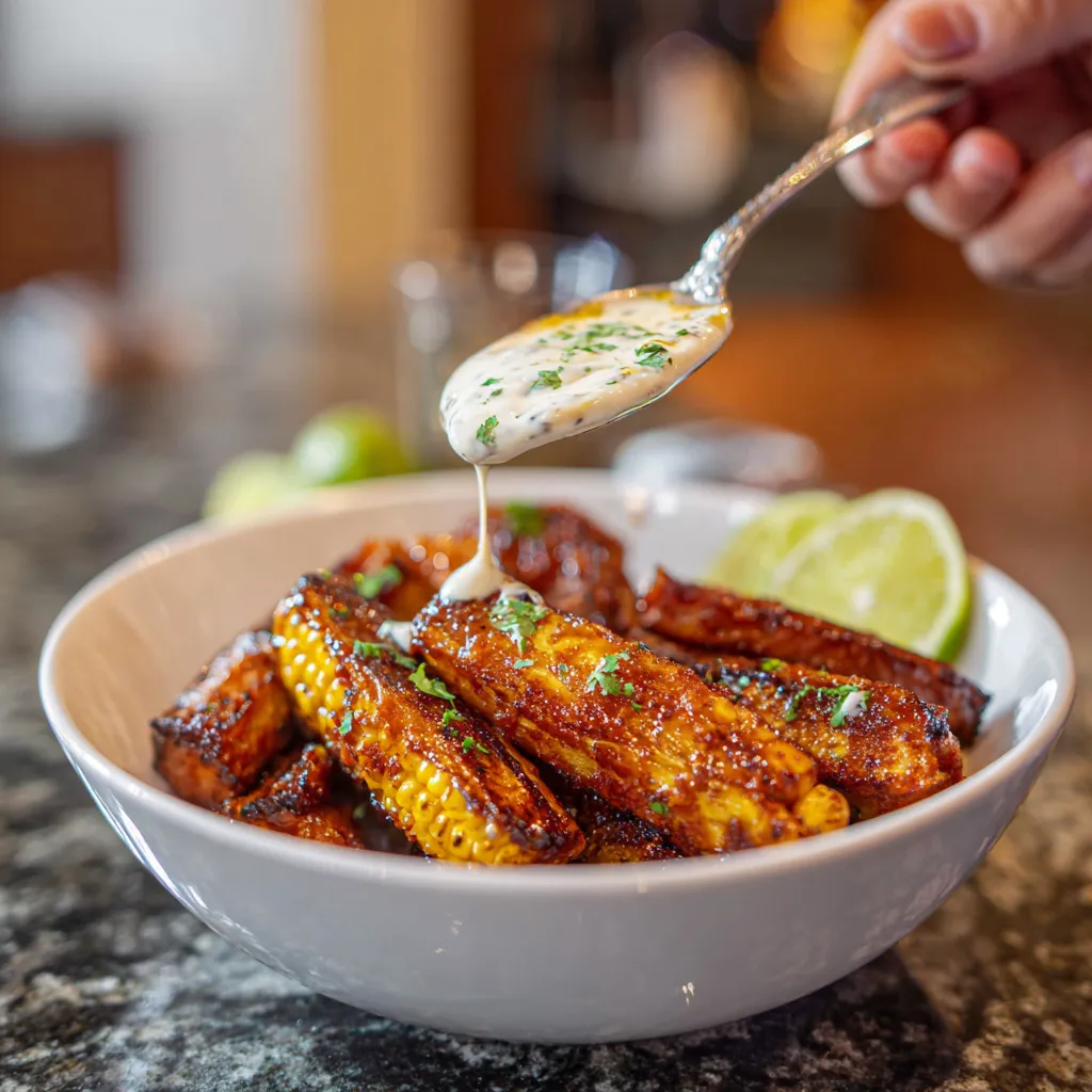 A bowl of ribs with a spoon in it.