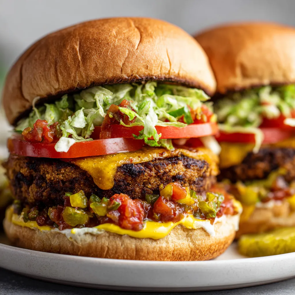 Two burgers with lettuce, tomato, and pickle on a plate.