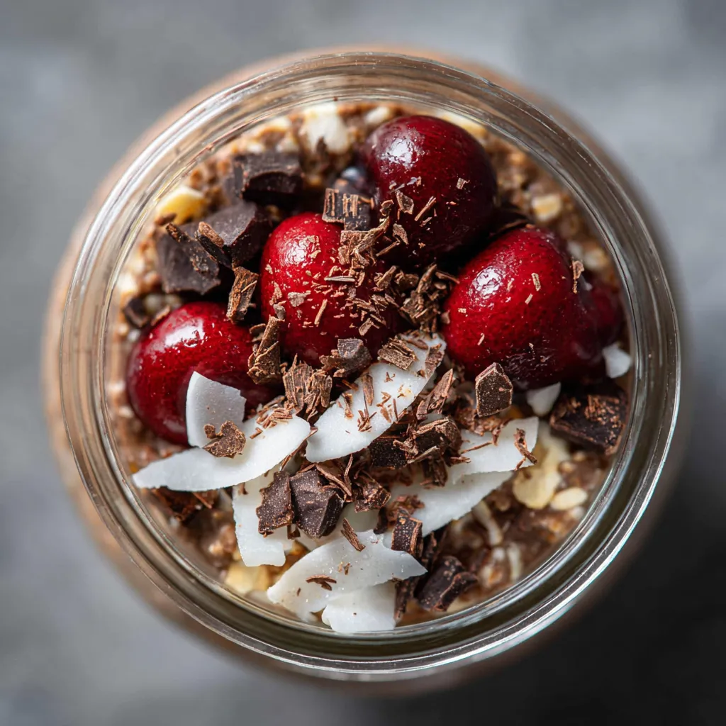 A jar of black forest oats with chocolate chips and cherries.