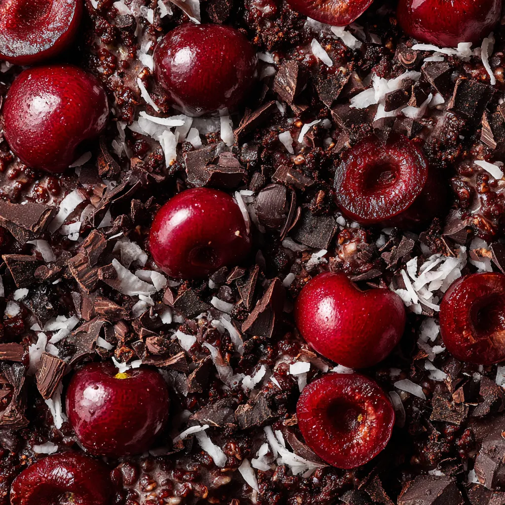 A close up of a bowl of black forest oatmeal with cherries on top.