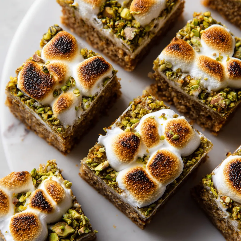 S'mores bars with marshmallows and pistachio butter.