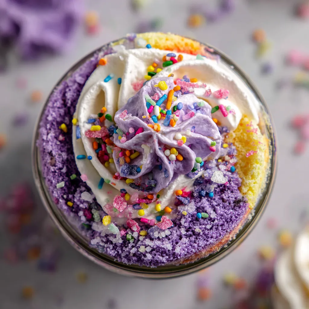 A cup of Chaos Cake with purple and pink frosting.