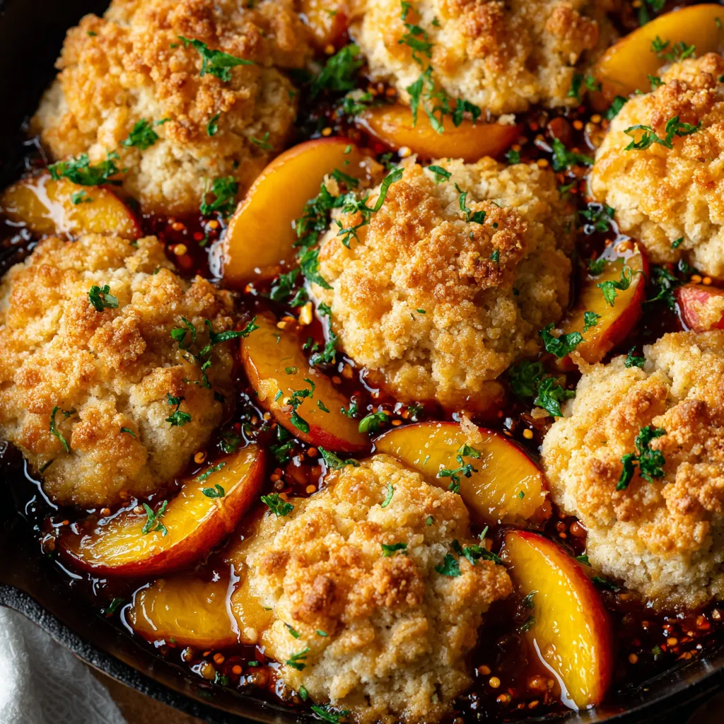 A skillet filled with chili-crisp peach cobbler.