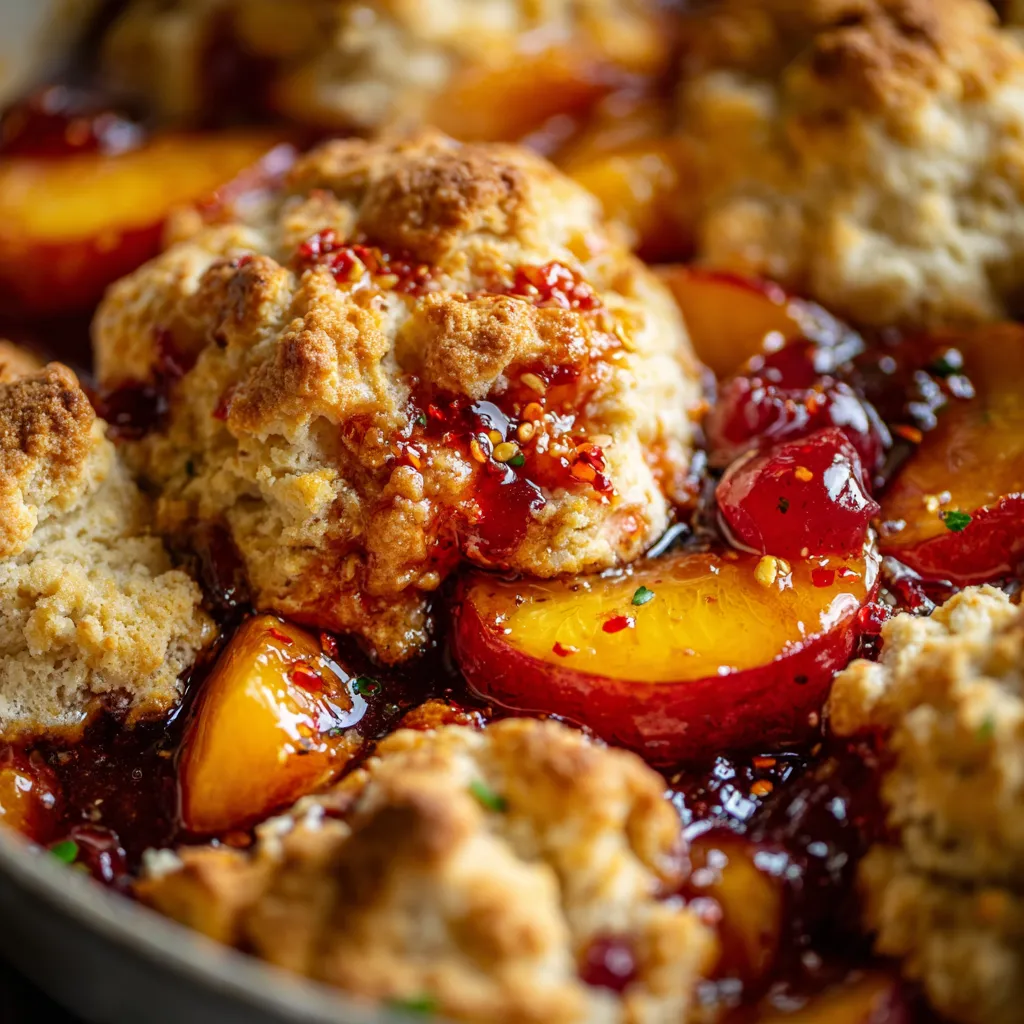 A skillet filled with a chili-crisp peach cobbler.