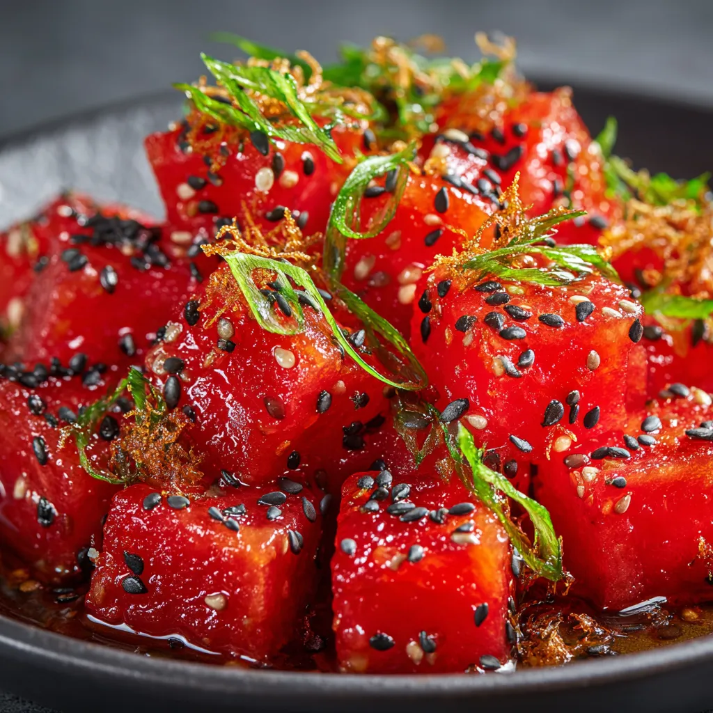 A bowl of watermelon with black seeds on top.