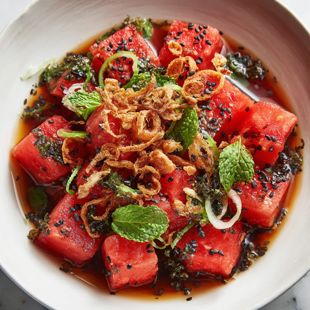A bowl of watermelon with onions and mint.