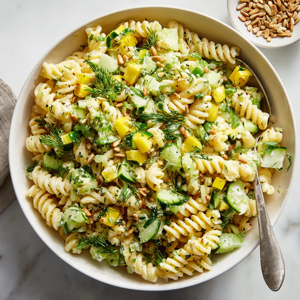 A bowl of pasta salad with yellow dill.